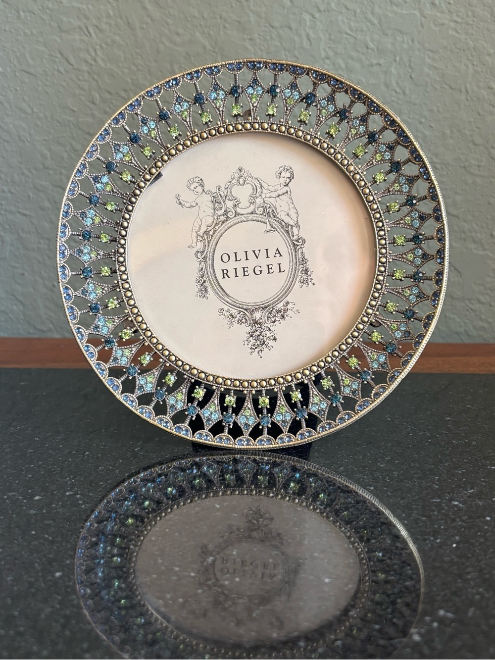Olivia Riegel Jeweled Metal Freestanding Round Photo Frame Gold/Blue/Green - Picture 2 of 8